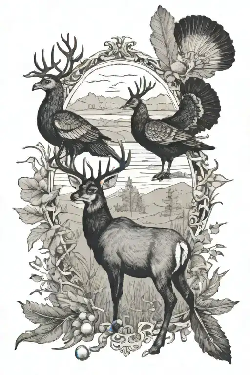 hunting scene with deer ducks and turkey  tattoo design idea