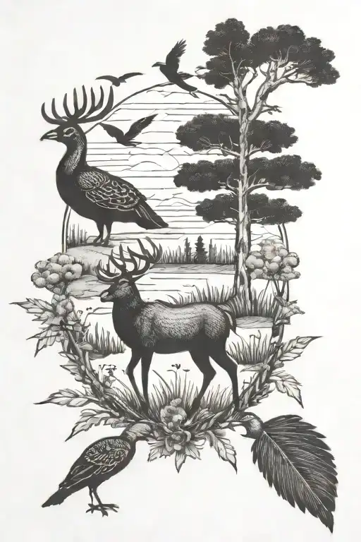 hunting scene with deer ducks and turkey  tattoo design idea