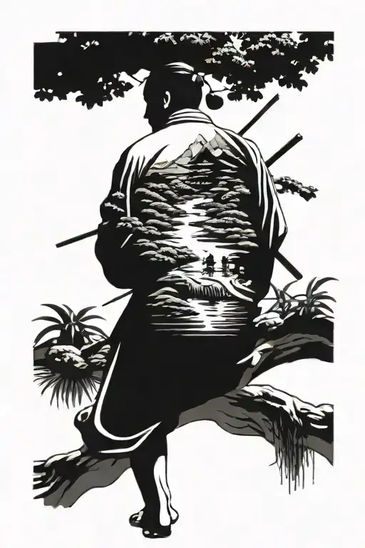 Japanese Peace Garden with a river standing a lonely samurai on the arm medium black and white tattoo tattoo design idea
