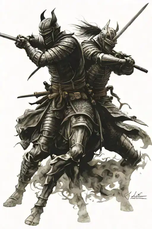 samurai fights dark knight in noble armor on battlefield tattoo design idea