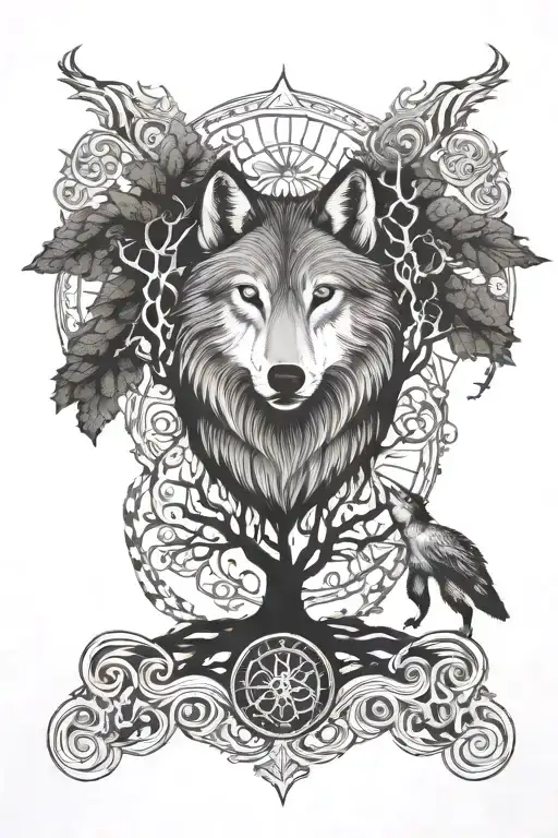 Wolf's head, tree of life and Nordic mythology tattoo design idea
