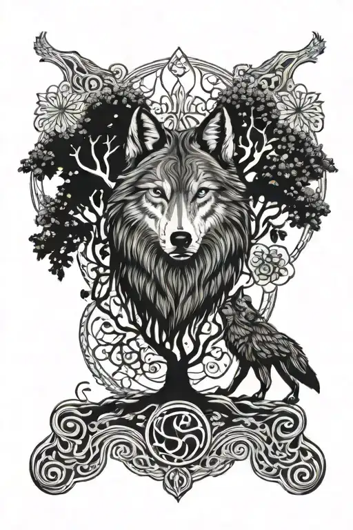 Wolf's head, tree of life and Nordic mythology tattoo design idea
