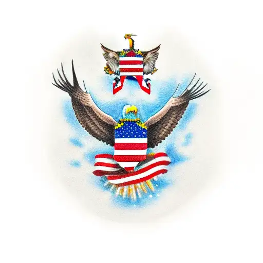 bald eagle holding and ordanance bomb and a us army crest with an american flag behind it tattoo design idea