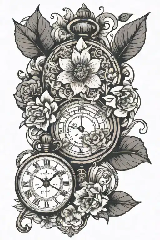 flowers and pocket watch tattoo design idea
