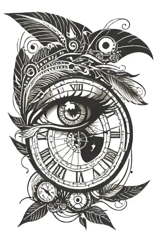 eye, cry, man, feather, minimalist, time clock tattoo design idea