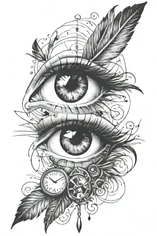 eye, cry, man, feather, minimalist, time clock tattoo design idea