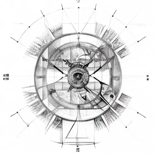 a mechanical watch, Leonardo da Vinci's vitruvian man, and raphael's schol of athens tattoo design idea