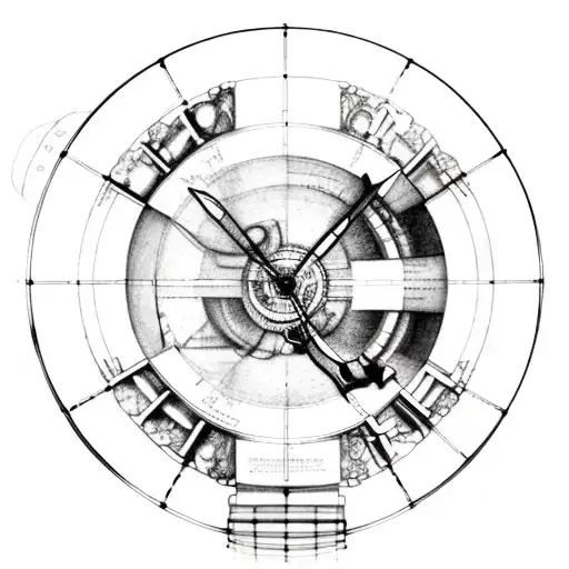 a mechanical watch, Leonardo da Vinci's vitruvian man, and raphael's schol of athens tattoo design idea