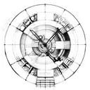 a mechanical watch, Leonardo da Vinci's vitruvian man, and raphael's schol of athens tattoo design idea