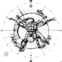 a mechanical watch, Leonardo da Vinci's vitruvian man, and raphael's schol of athens tattoo design idea