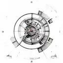 a mechanical watch, Leonardo da Vinci's vitruvian man, and raphael's schol of athens tattoo design idea