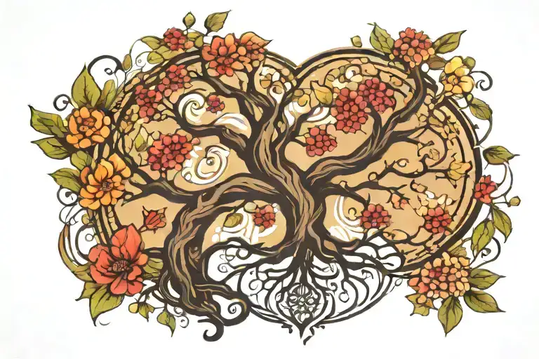 An intricate tree of life design incorporating symbols of your family members and elements of nature, representing your love for family and nature tattoo design idea