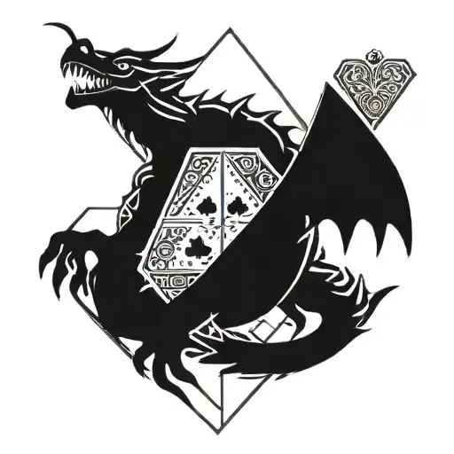 geometric tattoo dragon with playing cards logo club, diamond,heart and spades tattoo design idea