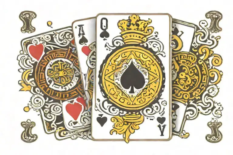 A royal flush hand of playing cards with intricate dotwork details tattoo design idea