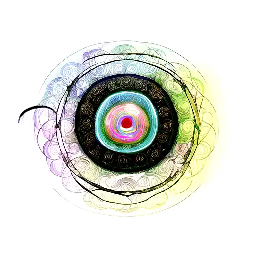 A mystical film reel with psychedelic patterns and ayahuasca vines intertwining around it tattoo design idea