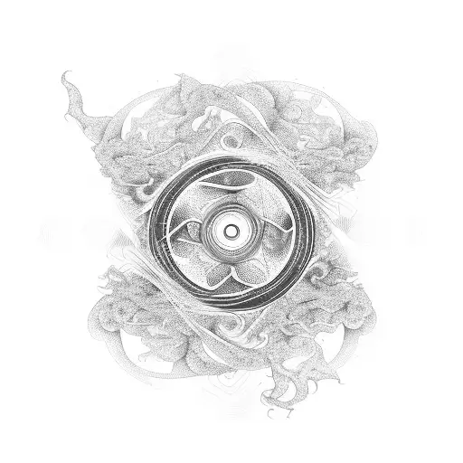 A mystical film reel with psychedelic patterns and ayahuasca vines intertwining around it tattoo design idea