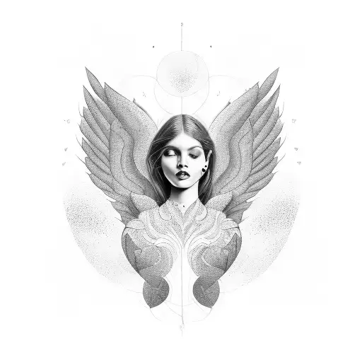 a beautiful female angel soaring made up negative space, geometric patterns and heavy black work tattoo design idea