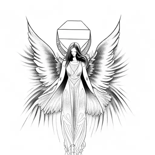 a beautiful female angel soaring made up negative space, geometric patterns and heavy black work tattoo design idea