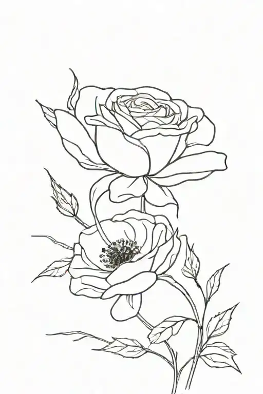 single line drawing in black an white of a rose and a poppy tattoo design idea