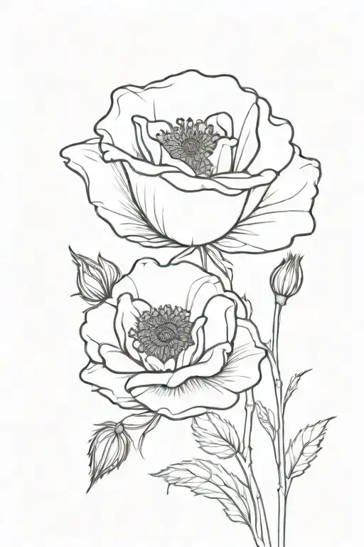 single line drawing in black an white of a rose and a poppy tattoo design idea