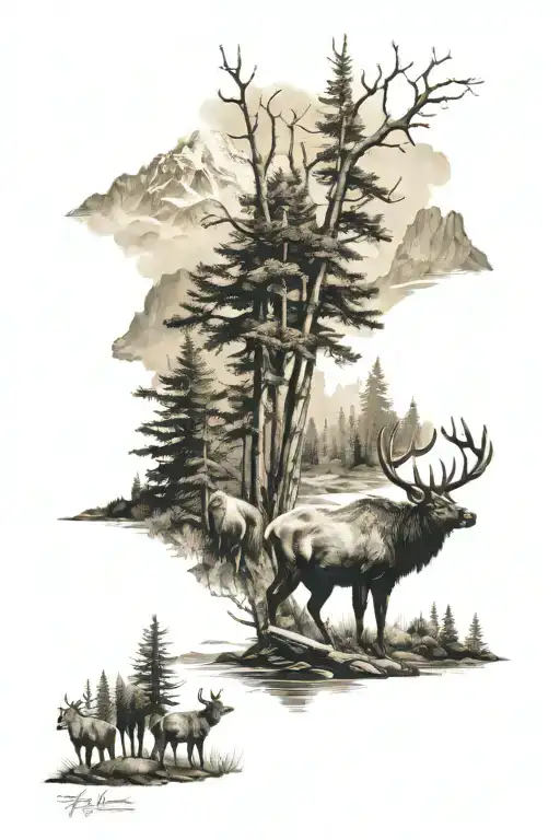 pacific north west forest scene with animals like elk, bear, wolves, an eagle tattoo design idea