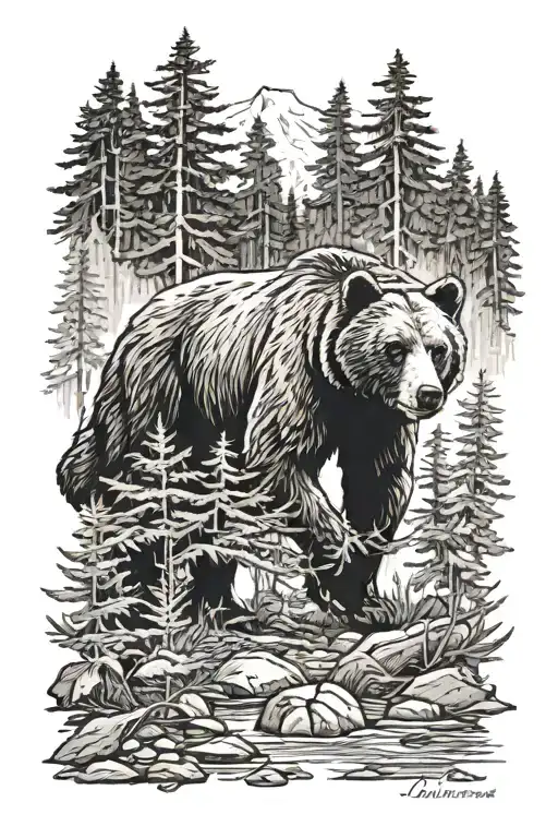 pacific north west forest scene with bear  tattoo design idea