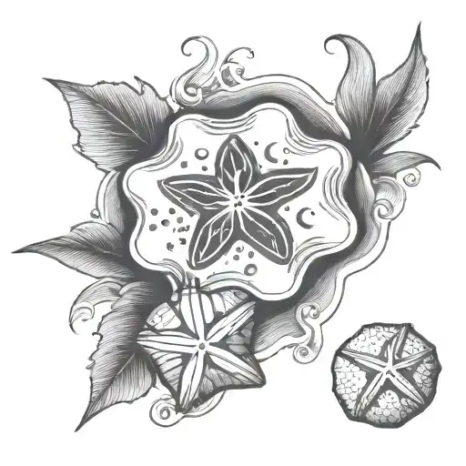 Sand Dollar and Seashells surrownded by waves flowing tattoo design idea