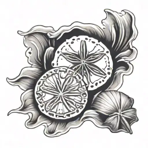 Sand Dollar and Seashells surrownded by waves  tattoo design idea