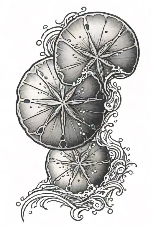 Sand dollar seashell and waves tattoo design idea