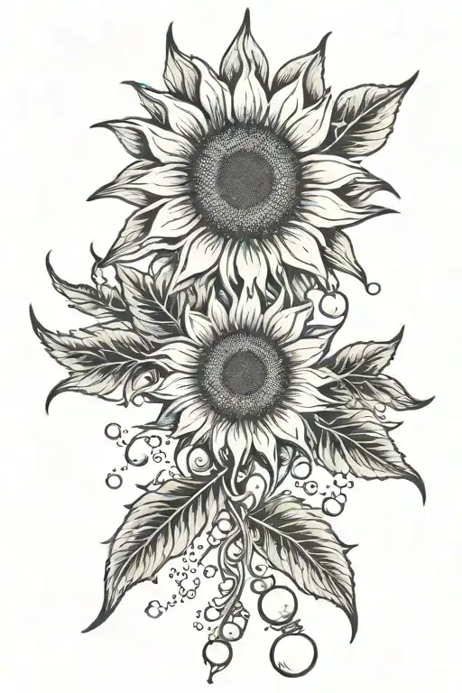 sunflower, thunder storm clouds surrounding, cross, strand of pearls tattoo design idea