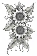 sunflower, thunder storm clouds surrounding, cross, strand of pearls tattoo design idea
