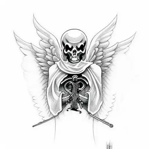 Incorporate the symbols of the Grim Reaper and angels into a tattoo that represents the contrast between life and death. tattoo design idea