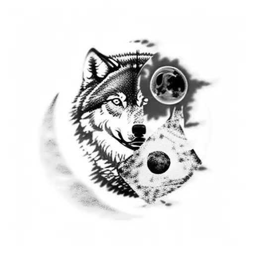 A knife piercing through a blue moon with a wolf silhouette tattoo design idea