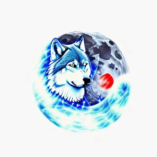 A knife piercing through a blue moon with a wolf silhouette tattoo design idea