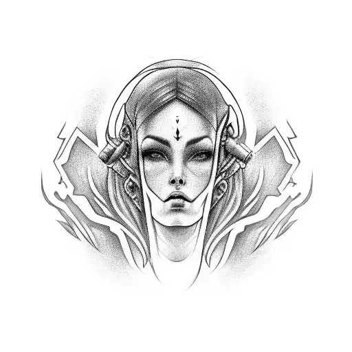 A hauntingly realistic portrait of a woman dressed as a video game character, merging the worlds of fantasy and reality tattoo design idea