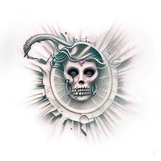 Create a tattoo that celebrates the beauty of women while incorporating elements of horror and dark fantasy. tattoo design idea