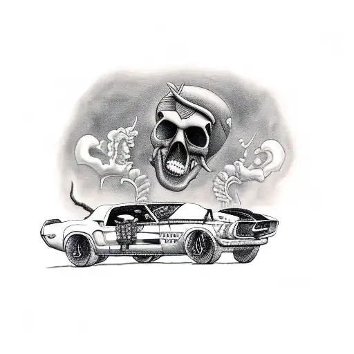old school mustang with skull head sticking outside of window smoking a cigar tattoo design idea