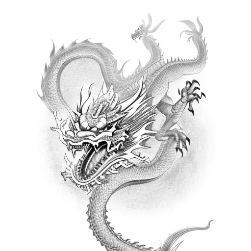 A combination of a Chinese dragon and the symbol for Onni, with dotwork shading tattoo design idea