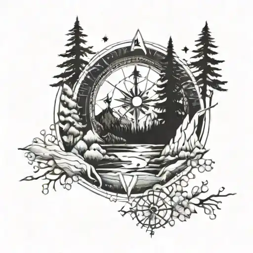 mountains compass forest river tattoo design idea
