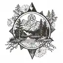 mountains compass forest river tattoo design idea