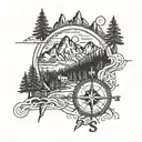 mountains compass forest river tattoo design idea