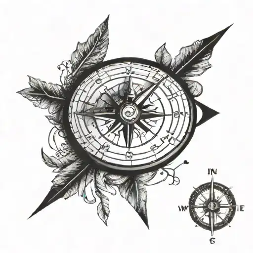 a compass with an arrow crossing the compass and minimalist details on the front and side tattoo design idea