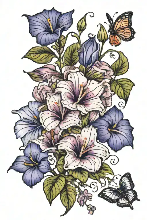 violet, rose, morning glory, iris flower tattoo design idea