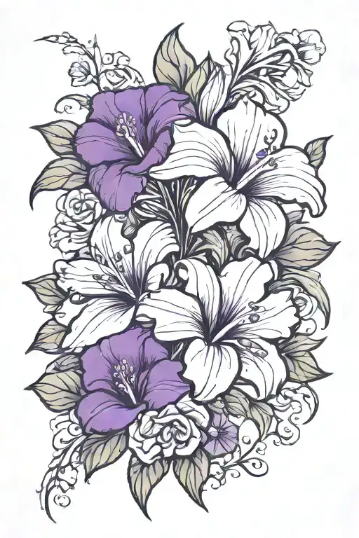 violet+ rose +morning glory + iris flowers tattoo design idea