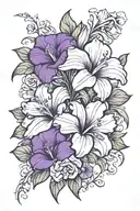 violet+ rose +morning glory + iris flowers tattoo design idea