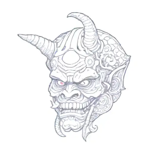 contour sketch of a tattoo of a demon mask oni with a snake on his head. everything is made in Japanese style, beautiful tattoo design idea