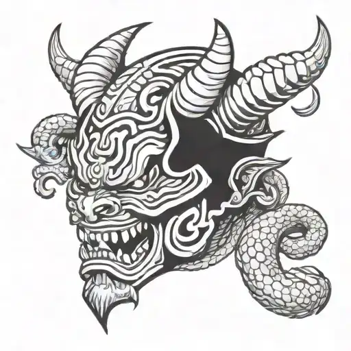 contour sketch of a tattoo of a demon mask oni with a snake on his head. everything is made in Japanese style, beautiful tattoo design idea