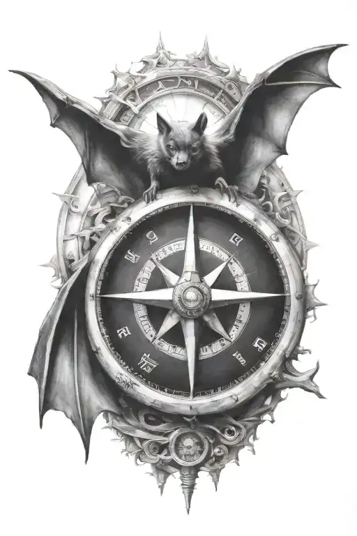 bat with compass tattoo design idea