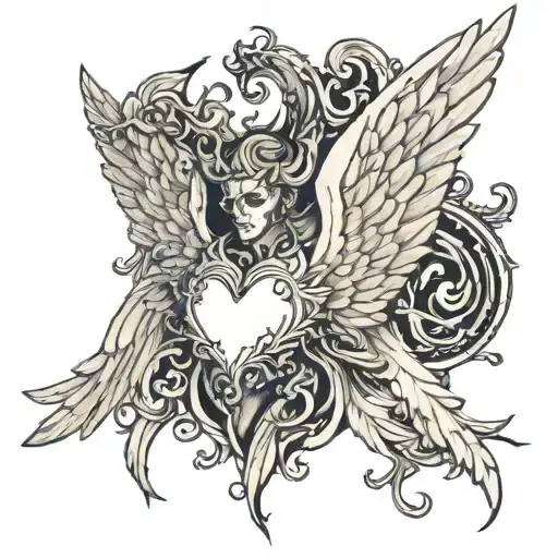Tattoo right side angel wings left side devil wings middle half angel half demon heart . Angels demons flying outside of tattoo design idea