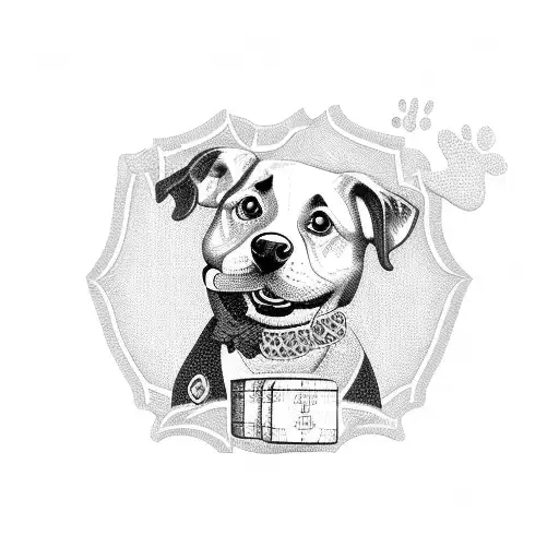 A blackwork tattoo of a dog sitting on a pile of money, holding a spanner in its mouth tattoo design idea